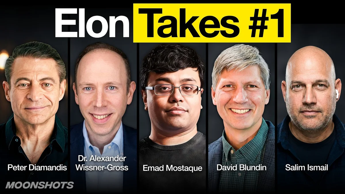 Panel discussion with Peter Diamandis, Alex, Dave Blondon, Salem Ismael, and Immad Mustaq discussing AI and technology.