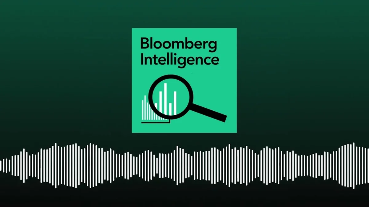 Bloomberg Intelligence podcast logo with a magnifying glass over a bar chart