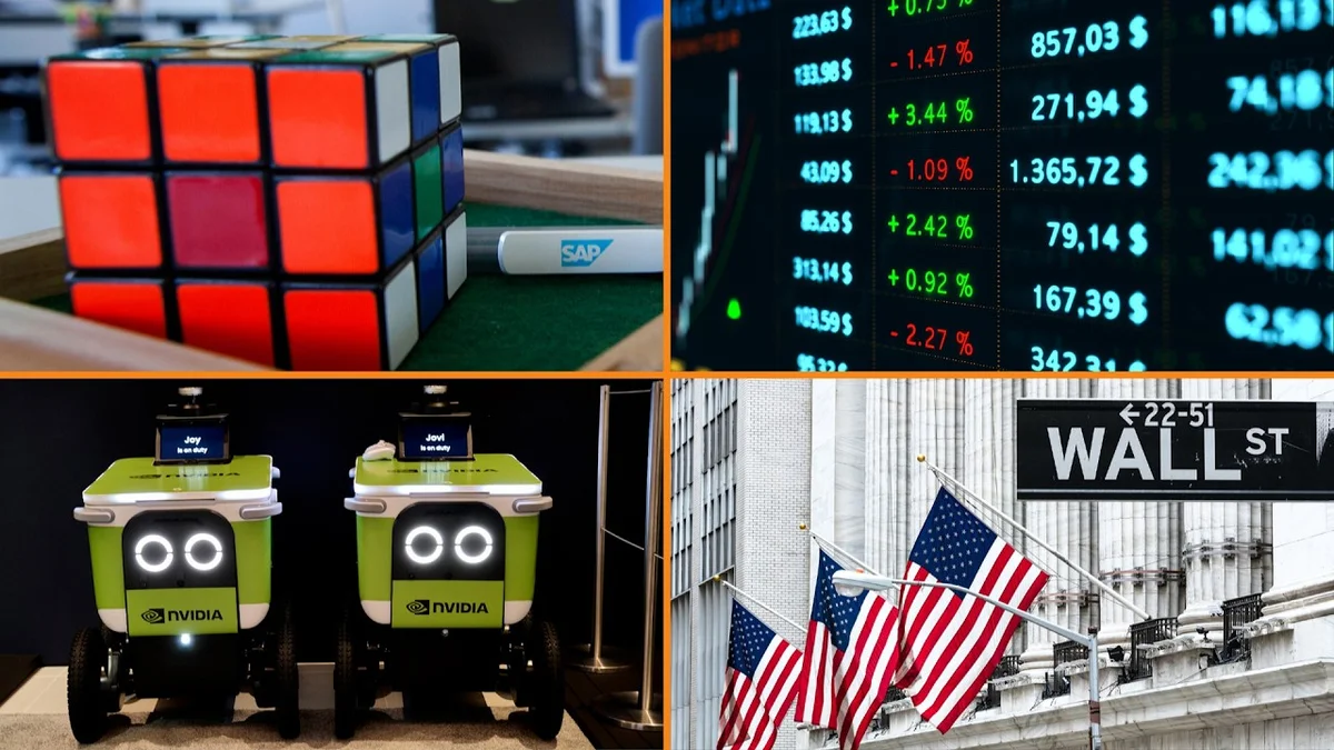 A Rubik's Cube is shown with the Bloomberg Money Minute title card and stock market tickers.