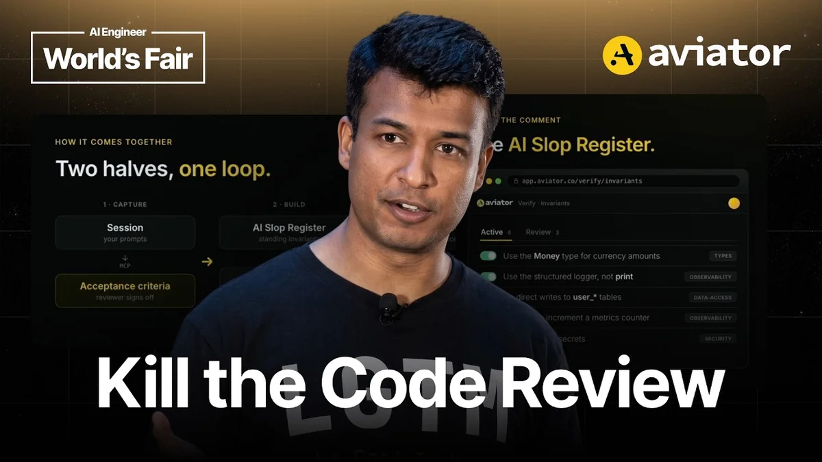 Ankit Jain presenting on stage with a slide titled 'How to Kill the Code Review'