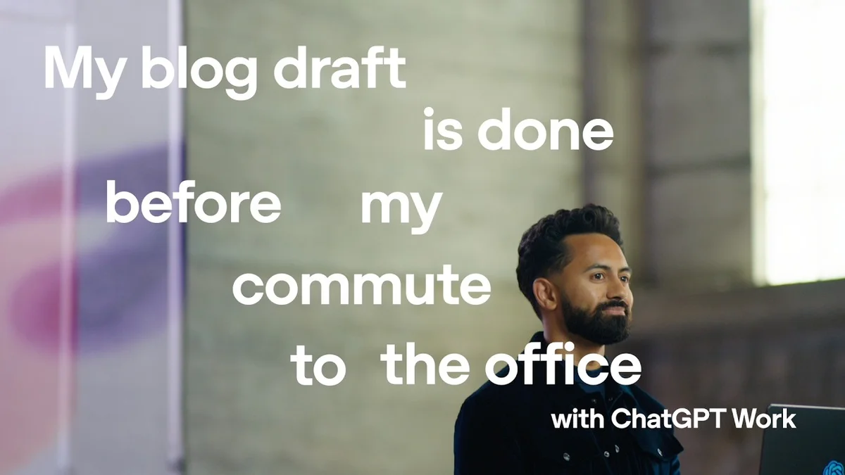 Man at a laptop with text overlay 'My blog draft is done before my commute to the office with ChatGPT Work'