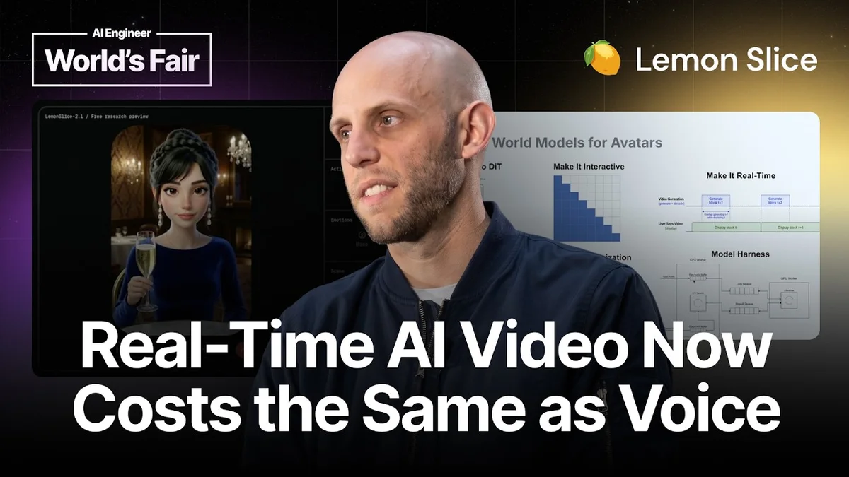 Screenshot of a presentation slide showing an AI avatar and company logo.