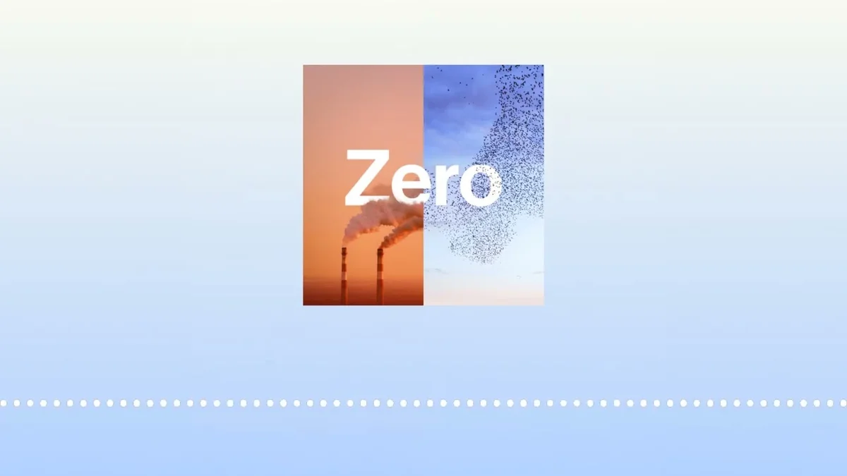 Split image showing industrial smokestacks on the left and a flock of birds in the sky on the right, with the title 'Zero' in the center.