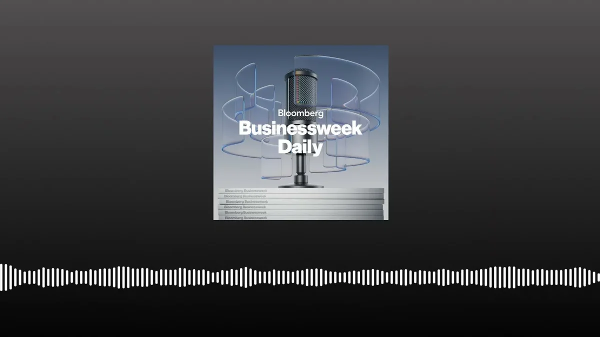 Podcast graphic for Bloomberg Businessweek featuring a microphone and abstract circular design