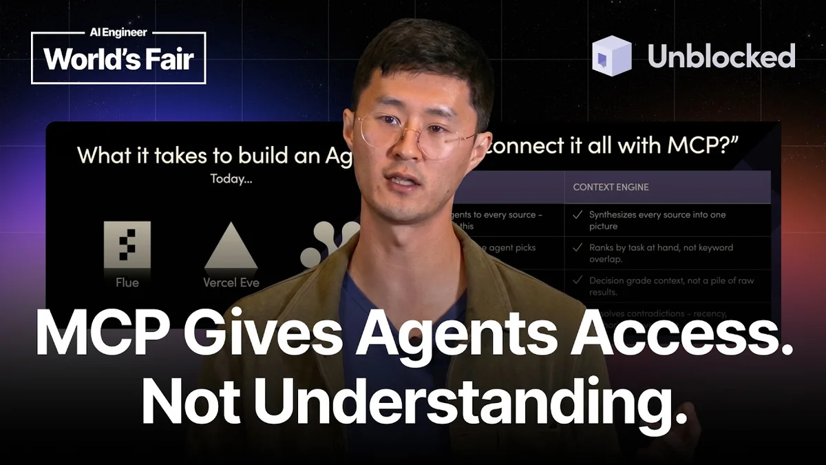 Jeff Ng speaking on stage at AI Engineer World's Fair, with a slide showing 'Building agents is trivial now. Context is the next frontier.'