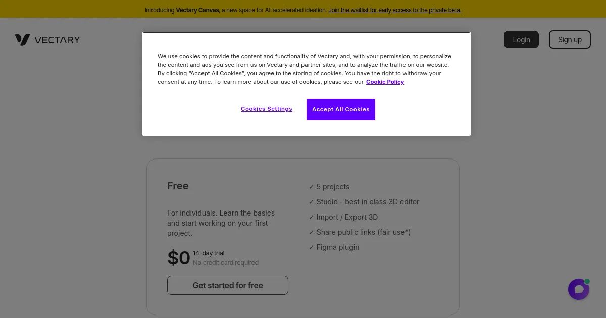 Vectary pricing page