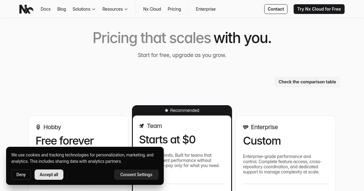Nx pricing page