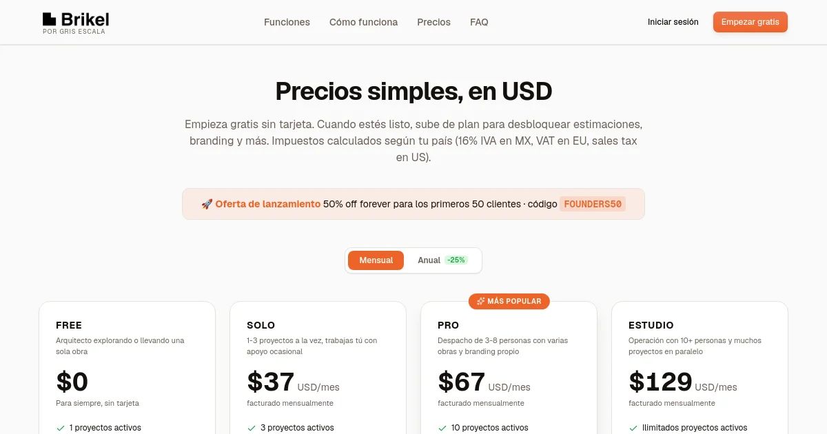 Brikel pricing page