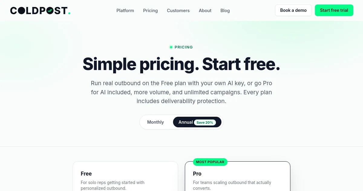 Coldpost pricing page