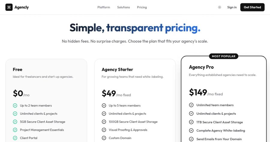 Agencly pricing page