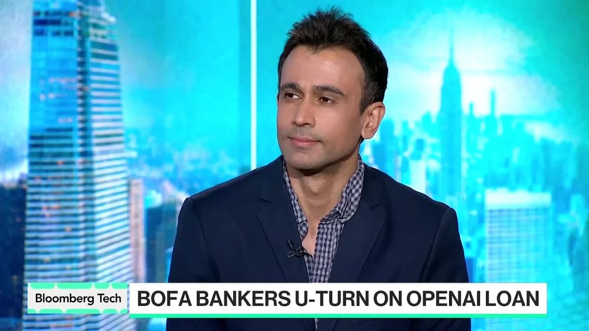 Bloomberg Tech segment on Bank of America's financing of OpenAI, featuring a split screen with a presenter and graphics.